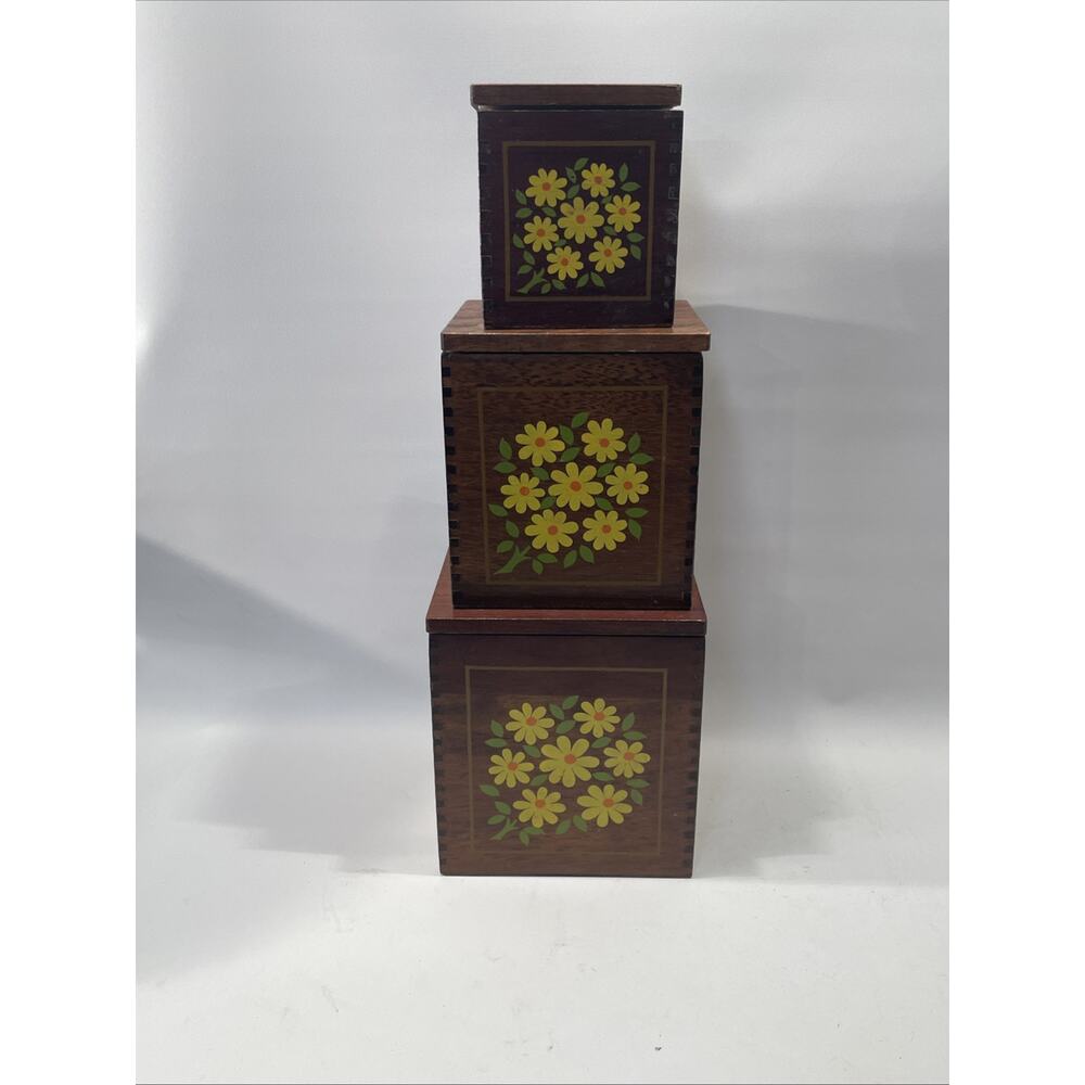 Vintage Imperial Floral Painted 3-Piece Hand Made Hardwood Kitchen Container Set